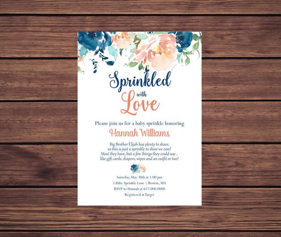 Blue and Coral Floral Sprinkled with Love Baby Sprinkle Invitations Gender Neutral, Baby Boy Baby Girl Sprinkle 140 Printable Invitation Il_570xn