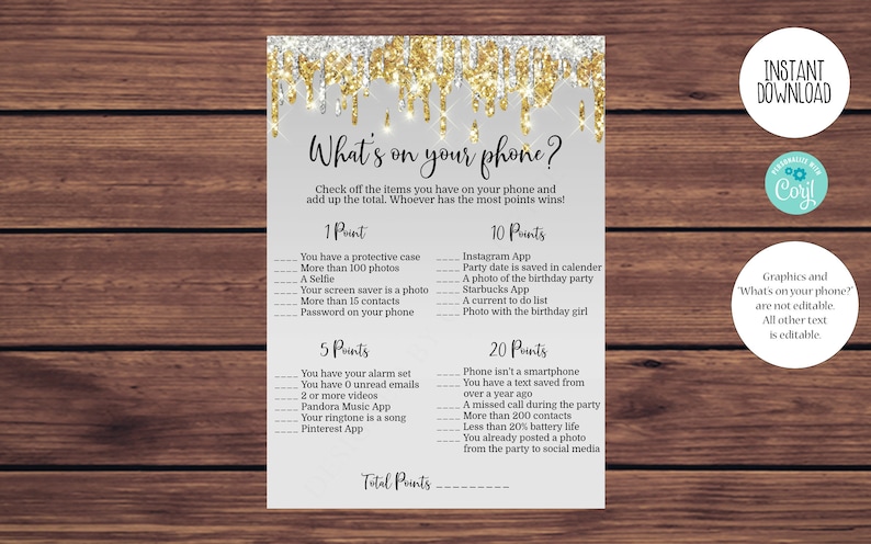 How Old Gold and Silver Would She Rather Printable Editable Instant Download 150 Editable Birthday Party Game Bundle Whats on Your Phone