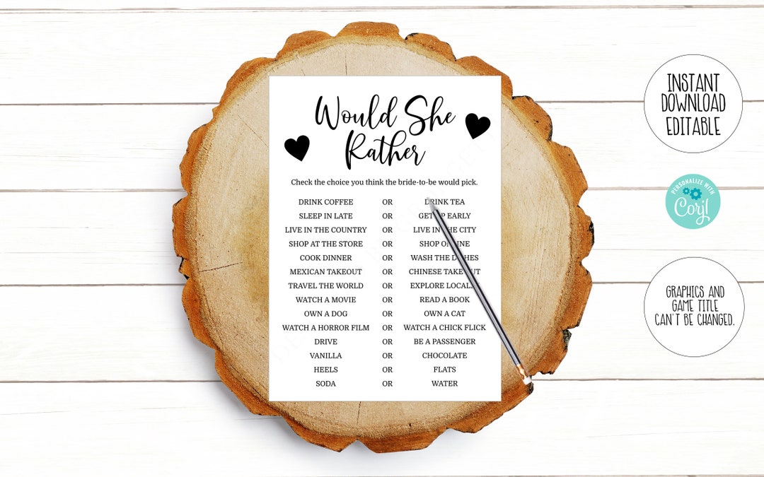 Editable Would She Rather Bridal Shower Game, Printable Editable ...