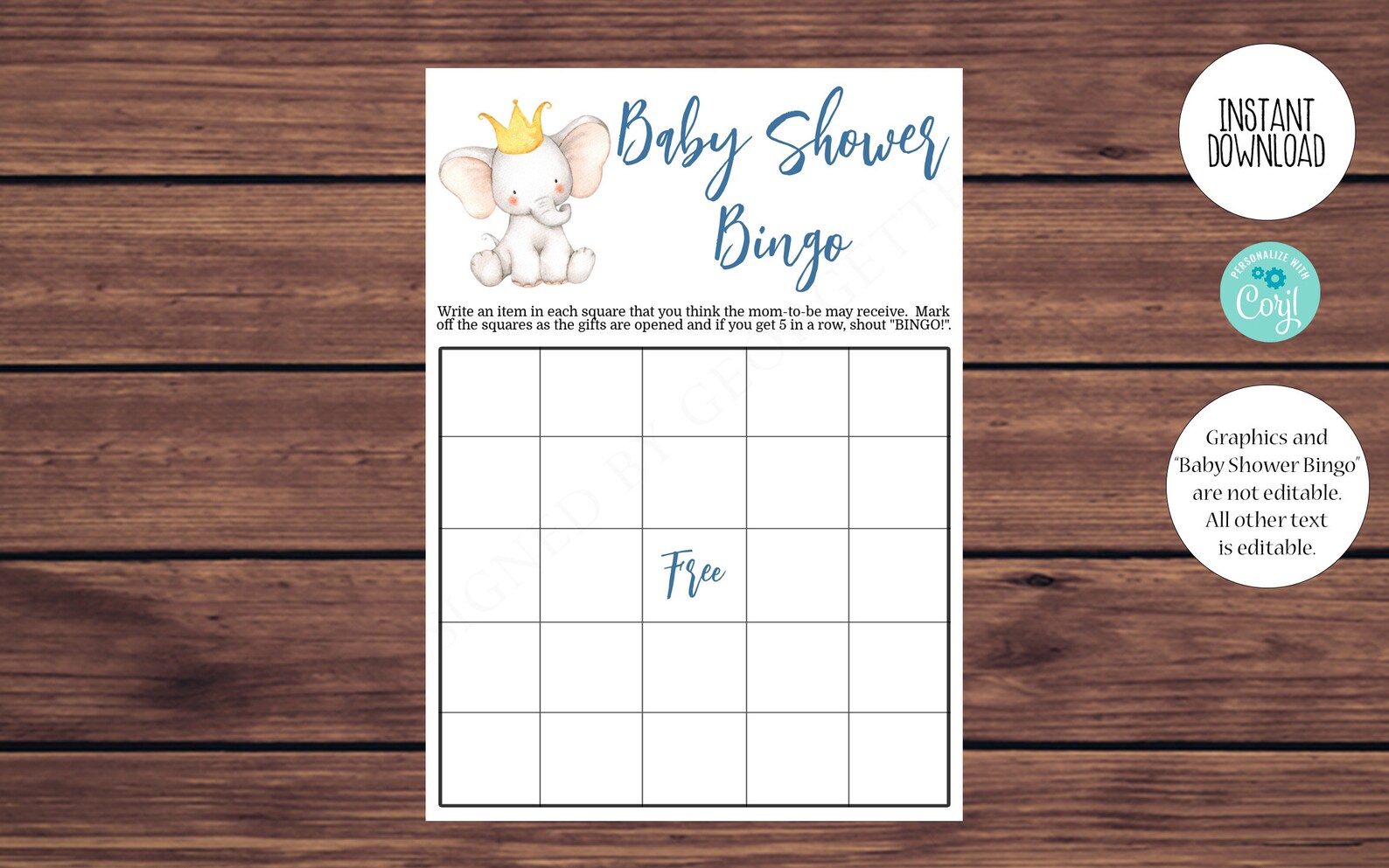 Editable Baby Shower Bingo Elephant Prince Bingo Baby Shower Etsy