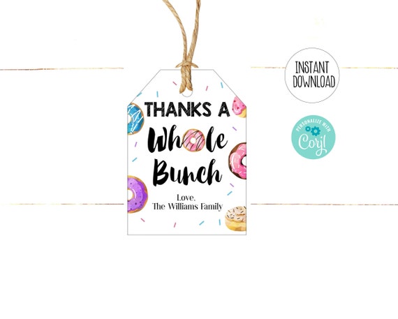 Teacher Appreciation Tags, Donut Thank You Gift Tags, Thanks a Whole Bunch Tag, Instant Download Favor Tags, Editable Template Il_570xn