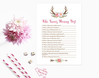 Boho Who Knows Mommy Best Baby Shower Pink Boho Floral Deer Antler Who Knows Mommy Best Instant Download  235 Printable