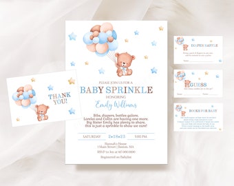 Teddy Bear Baby Sprinkle Invitation Set Editable Boy Baby Sprinkle Invitation Blue and Brown Baby Shower Instant Download 801