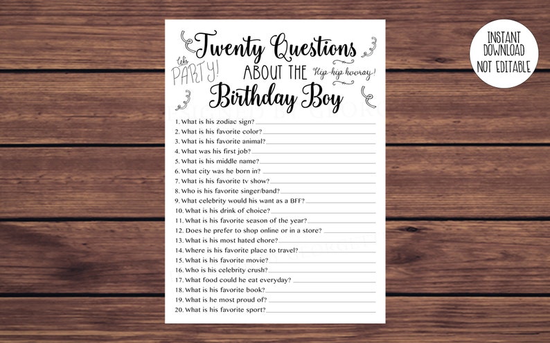 Twenty Questions About the Birthday Boy Kraft Birthday 20 - Etsy