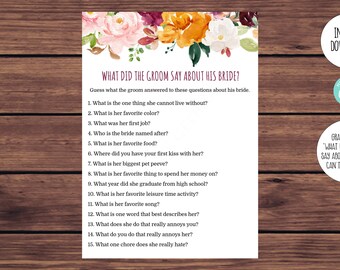 Editable What did the Groom say about his Bride Game Pink Orange Floral Fall Bridal Shower Game Printable Editable Instant Download