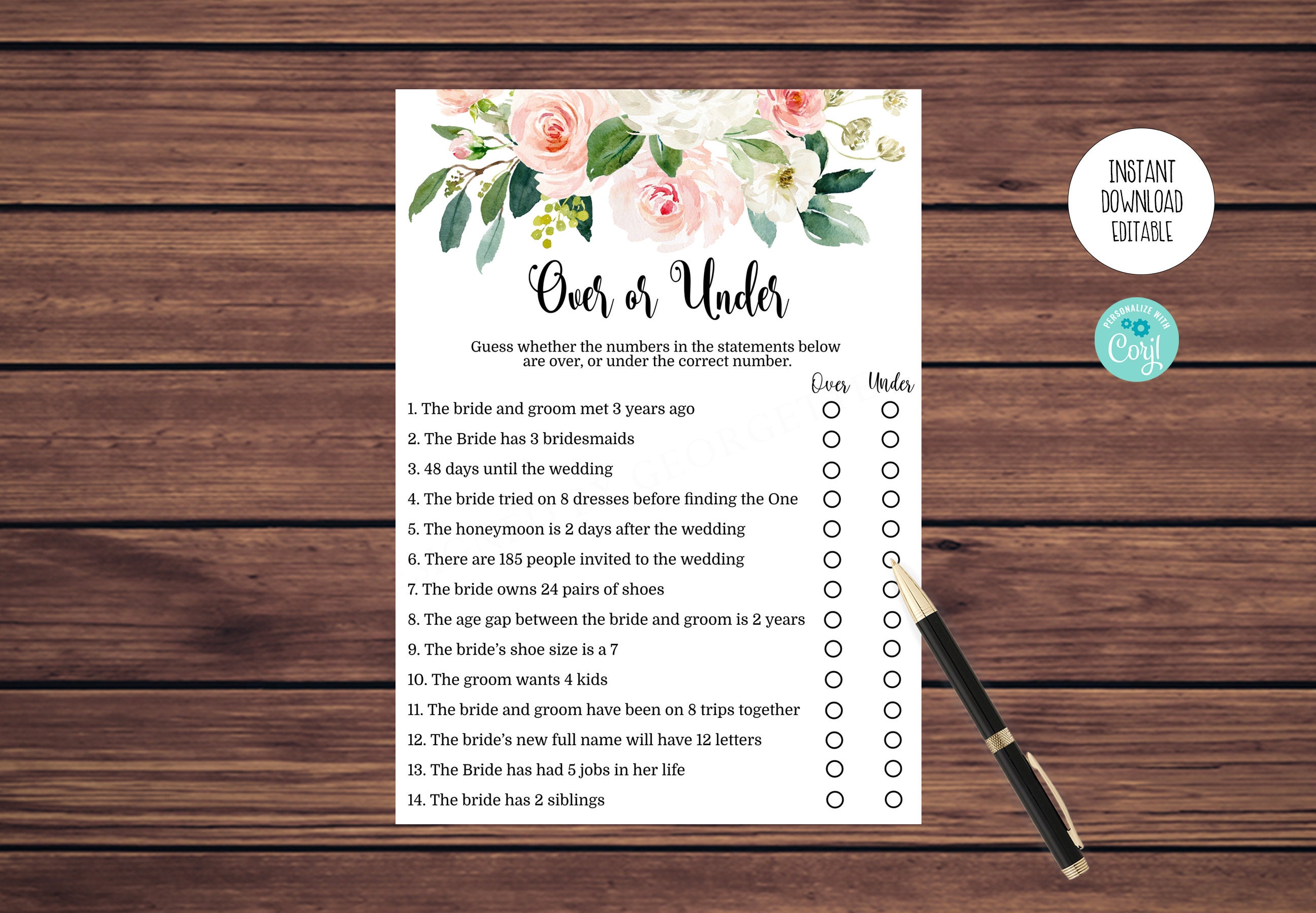Over or Under Bridal Shower Game Editable Pink Floral Bridal | Etsy