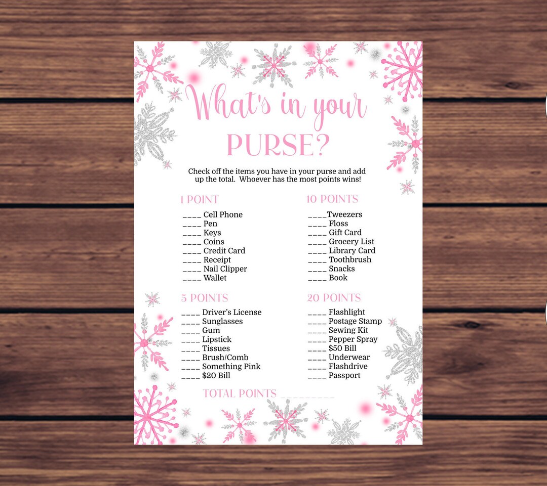 Whats in Your Purse Baby Shower Game Girl Pink Snowflake Baby - Etsy