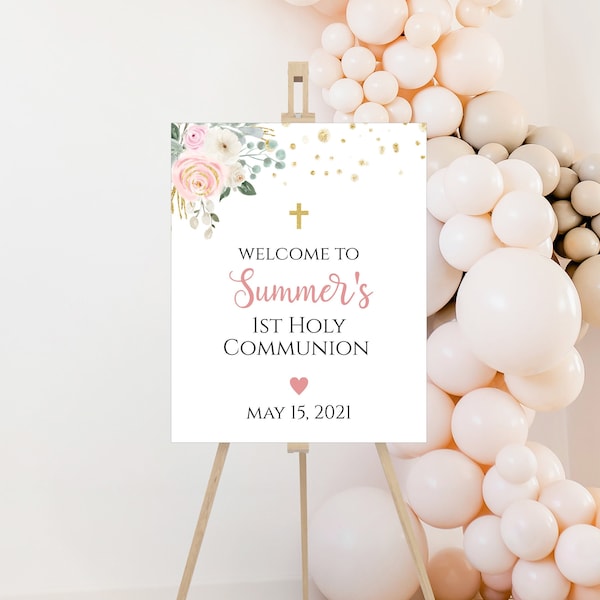 Pink Floral 1st Communion Welcome Sign Editable 1st Holy Communion Welcome Sign Instant Download Template 832
