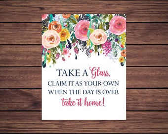 Take a Glass Sign Pink Floral Your Glass for the night Sign Pink and Navy Flowers Glass Favor Sign Instant Download   201 Printable
