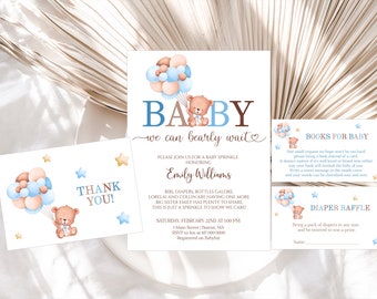 Editable Teddy Bear Baby Sprinkle Invitation Set Boy Baby Sprinkle Invitation Blue Baby Shower Instant Download 801