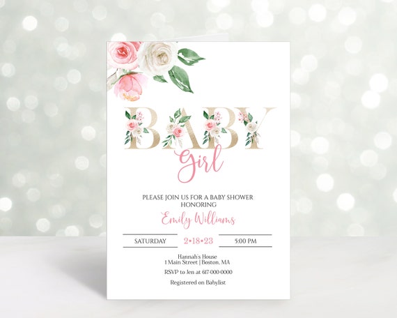 Editable Pink Baby Shower Invitation Girl, Pink Floral Baby Shower Invitation, Editable 518 ...