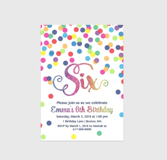 6th Birthday Invitation Girl Any Age Rainbow Confetti Dots Etsy