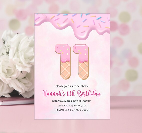 11th Birthday Invitation Girl, Pink Ice Cream Birthday Invitation ...