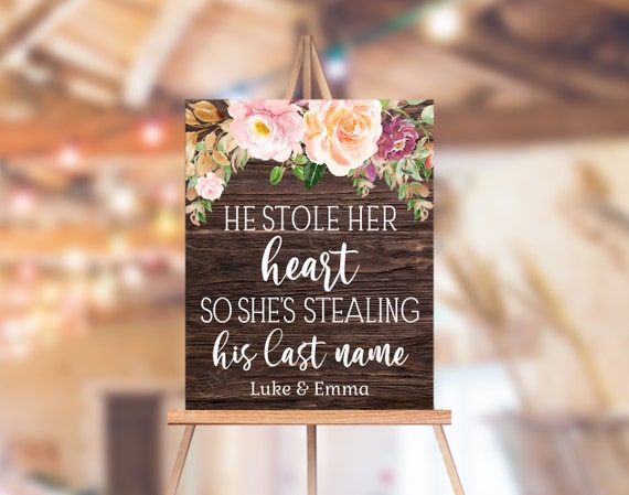 Editable Bridal Shower Sign, Rustic Pink Floral He Stole Her Heart So She's Stealing His Last Name Sign, Printable Editable Instant Download Il_570xn