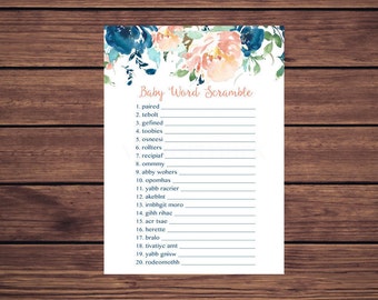 Word Scramble Baby Shower Game Word Scramble Shower Game Blue and Coral Floral Instant Download  263 Printable