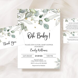 Greenery Baby Shower Invitation Set Editable Greenery Gold Oh Baby Shower Invitation Gender Neutral Baby Shower Instant Download 806