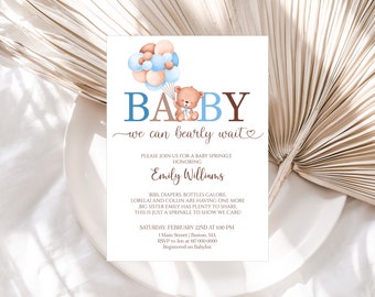 Editable Teddy Bear Baby Sprinkle Invitation Boy Baby Sprinkle Invitation Blue and Brown Baby Shower 801