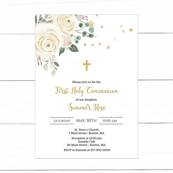 First Holy Communion Invitation Girl White and Gold Floral 1st Communion Invitation Instant Download