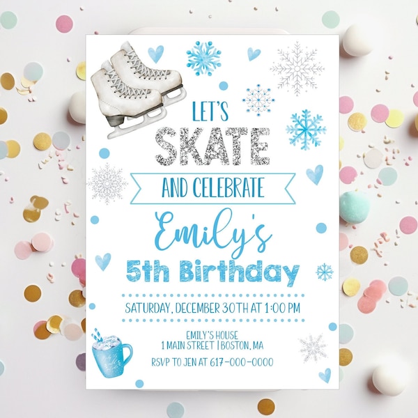 Ice Skating Birthday Invitation Blue and Silver Winter Skating Birthday Invitation Instant Download Printable Editable