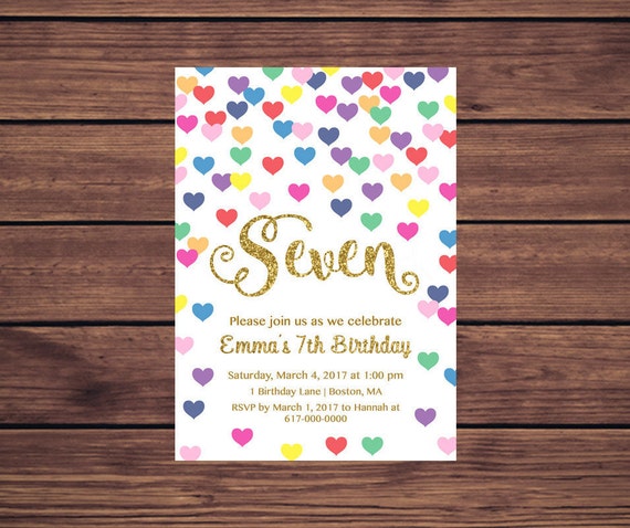 7th Birthday Invitation Girl Any Age Colorful Hearts Girl | Etsy