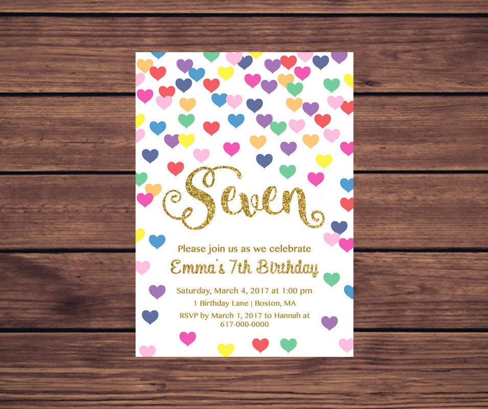 7th Birthday Invitation Girl Any Age Colorful Hearts Girl | Etsy