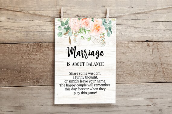 Editable Marriage Is About Balance Sign Peach Floral Jenga Guestbook 