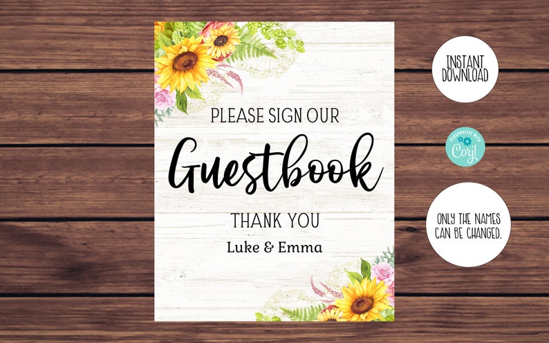 Sunflower Rustic Guest Book Sign 520 Editable Instant Download Editable Guestbook Sign