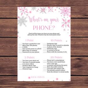 Whats on Your Phone Baby Shower Game Girl Pink Snowflake Baby Shower Instant Download 503 Printable Not Editable
