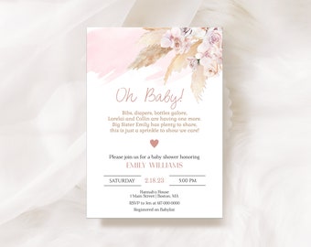 Editable Boho Baby Sprinkle Invitation Girl  Pink Floral Baby Sprinkle Invitation Baby Shower  805 Printable Download Corjl Template