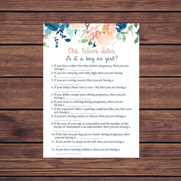 Old Wives Tales Baby Shower Old Wives Tale Game Blue and Coral Floral Instant Download  263 Printable