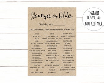 Birthday Younger or Older Kraft Younger or Older Game Rustic Adult Birthday Instant Download Printable 103