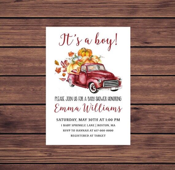 Fall Baby Shower Invitation Boy, Pumpkin Baby Shower Invitation, Red Truck Baby Boy Shower 399 Printable Invitation Il_570xn