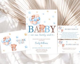 Editable Teddy Bear Baby Shower Invitation Set Boy Baby Shower Invitation Blue Baby Shower Instant Download 801