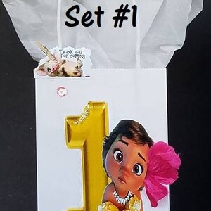 May include: A white paper gift bag with a gold number one, a cartoon character with brown hair and a pink flower, and the text "Set #1".