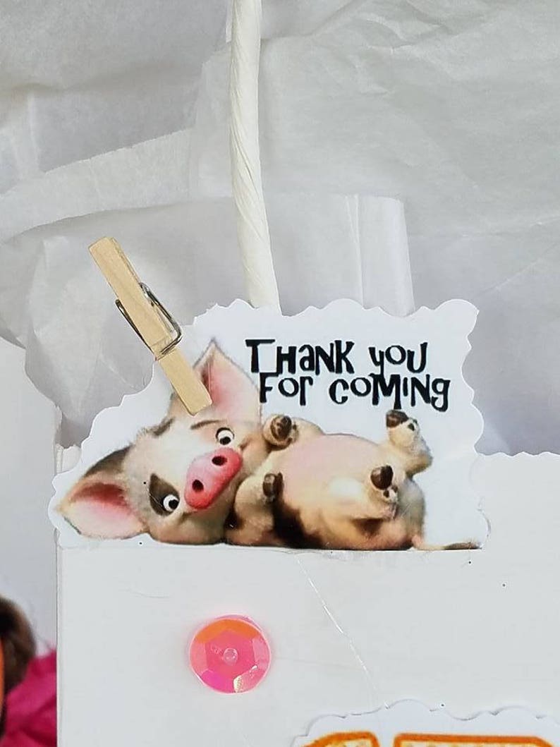May include: A white gift bag with a pink sequin and a sticker of a cartoon pig with the text "Thank you for coming".