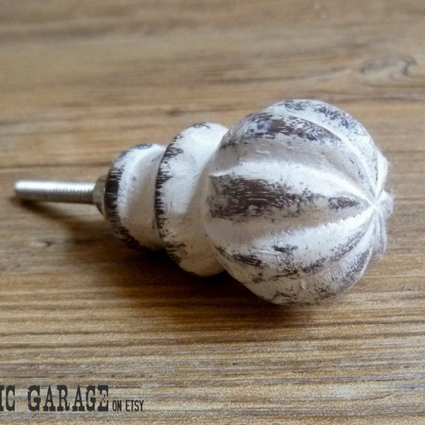 Cream White Wood Melon Rustic Shabby Chic Antique Distressed Multifaceted Wooden Knob - Drawer Pull - Decorative Knob