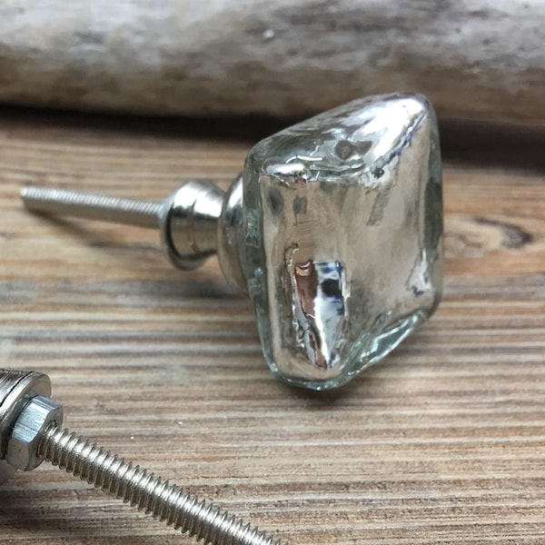 Clear Mercury Silver Small Glass Square or Diamond Glass Knob - Modern Drawer Pull - Decorative Knob - Cabinet Decor
