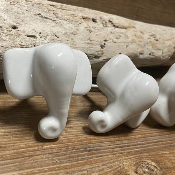 Set of 8 - Large Ivory/Natural White Ceramic Elephant Bust Knobs - Baby Elephant Drawer Pull - Safari Nursery Decor - Decorative Knob