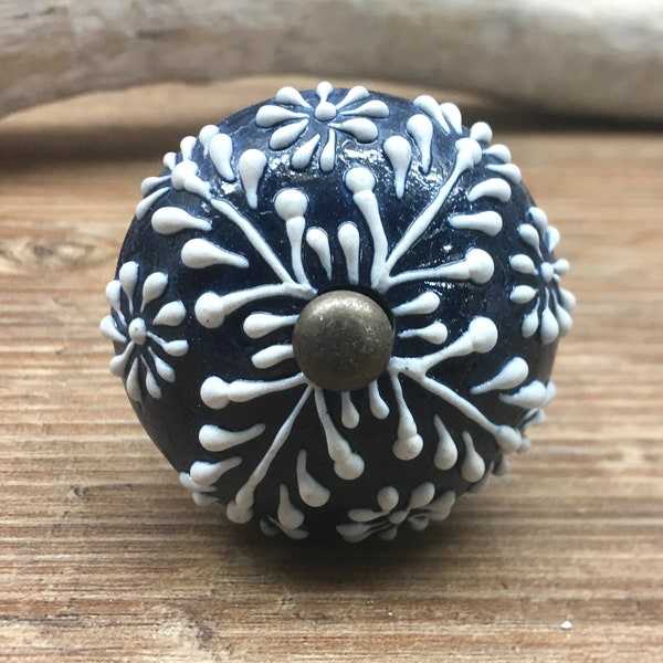 1.75" Dark Blue and White Raised Ceramic Knob - Floral Drawer Pull - Navy Blue Rustic Home Decor