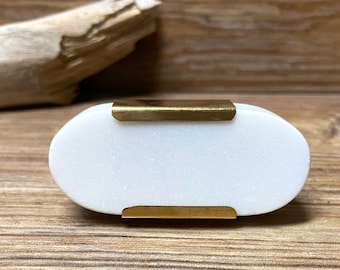 Oval White Marble Stone and Gold Rim Square Two Tone Knob - Gold and White Cabinet Knob - Glimmer Shine Art Deco