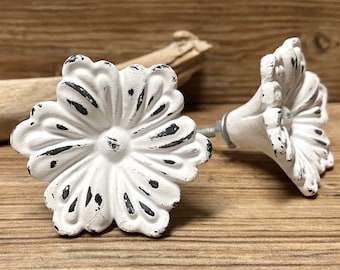 Set of 2 Vintage Inspired Distressed White Flower Cast Iron Knob - Rustic  Antique Painted Drawer Pull - Decorative Knob