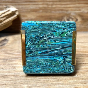 Square and Brass - Swirl Turquoise Blue Green Resin drawer handle