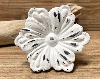 Vintage Inspired Distressed White Flower Cast Iron Knob - Rustic Antique Painted Drawer Pull - Decorative Knob