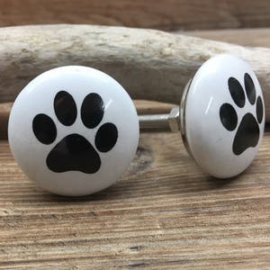 SET OF 2 - White and Black Ceramic Paw Print Knobs - Dog Paw Drawer Pull - Puppy Nursery Decor - Decorative Pet Cabinet Decor