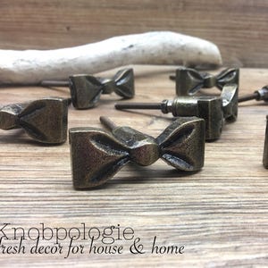 SET OF 6 - Antique Bronze Metal Bow Knobs - Ribbon Bow Drawer Pull - Whimsical Baby Girl Nursery - Cabinet Decor