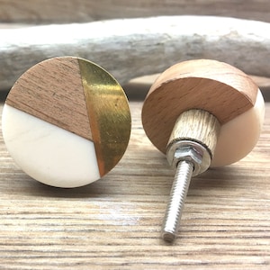 Tricolor Ivory, Distressed Brass, and Natural Wood Knob Round Wood and Cream Resin Wooden Knob Modern Abstract Drawer Pull image 4