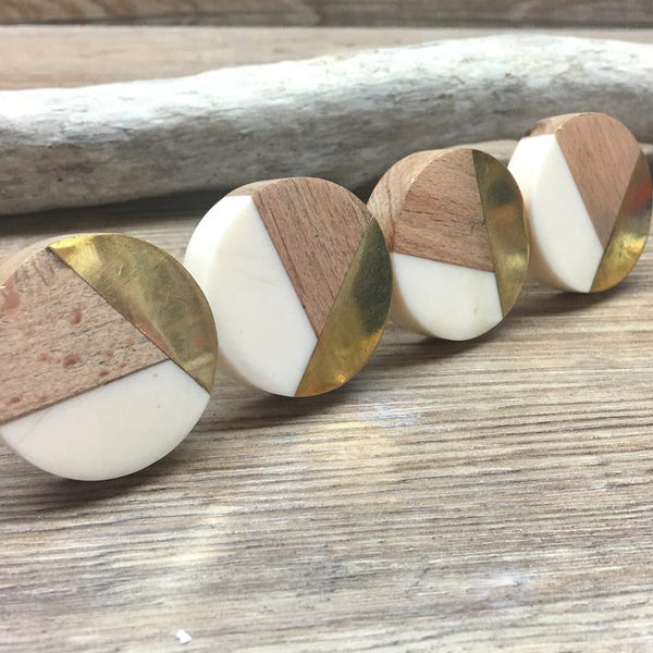 Clearance - SET OF 4 Slightly Imperfect Tricolor Ivory, Distressed Brass, and Natural Wood Knob - Round Wood and Cream Resin Wooden Knob