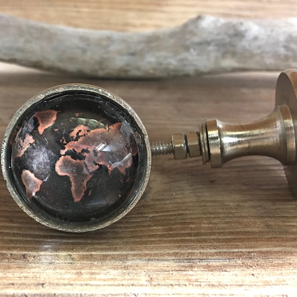 SET OF 2 World Globe Map Knobs - Black and Coppery Brown Atlas Glass Knob - Nautical Adventurer Nursery Decor - Sailor Ocean Traveler's Knob