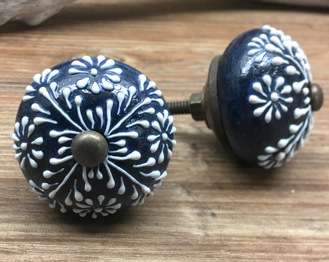 SET OF 2 1.75 Dark Blue and White Raised Ceramic Knobs Etsy