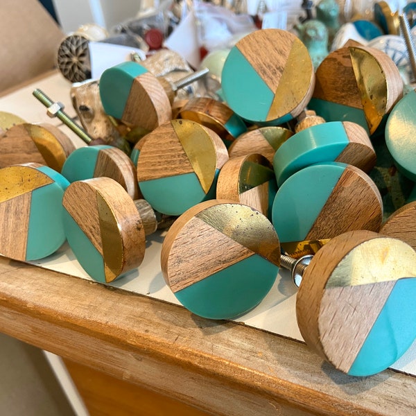 Remaining Lot of 30 Tricolor Teal Distressed Brass and Natural Wood Knob - Round Wood and Green Resin Wooden Knob